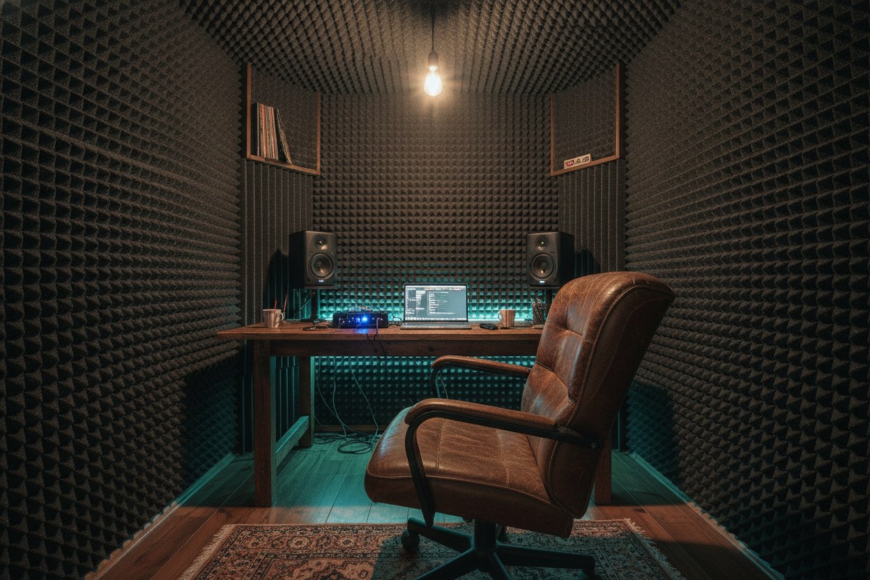 Elektronik müzik prodüksiyon stüdyosunda mikser, monitör hoparlörler ve synthesizer ile çalışma masası